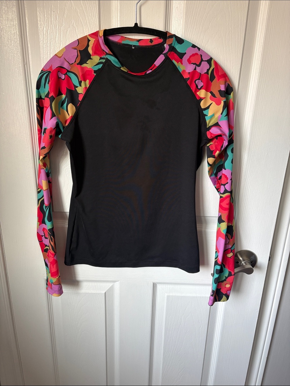 Billabong Black Rash Guard with Multicolor Floral Sleeves